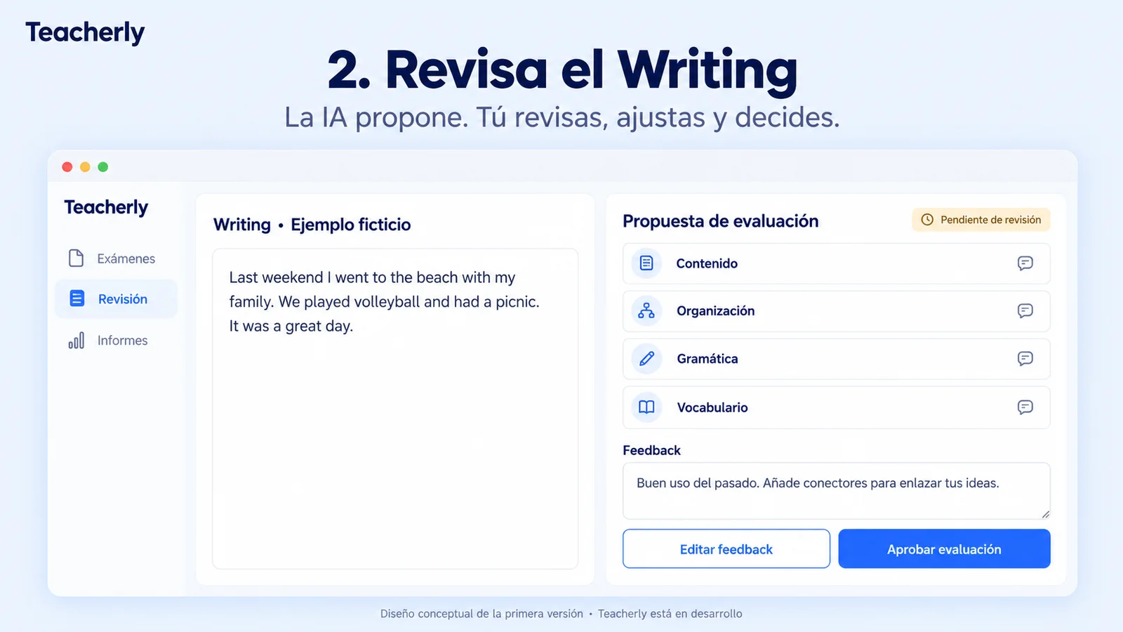 2. Revisa el Writing: la IA propone y el docente revisa, ajusta y decide